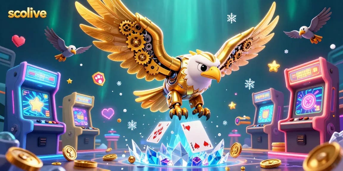 Socolive offers immersive gaming experiences with a golden eagle soaring through vibrant holographic cards