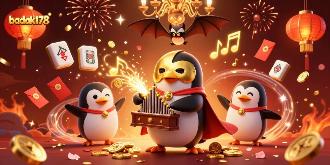 Explore the lively scene of badak178 where a phantom penguin delights players with golden coins and magical musical notes.
