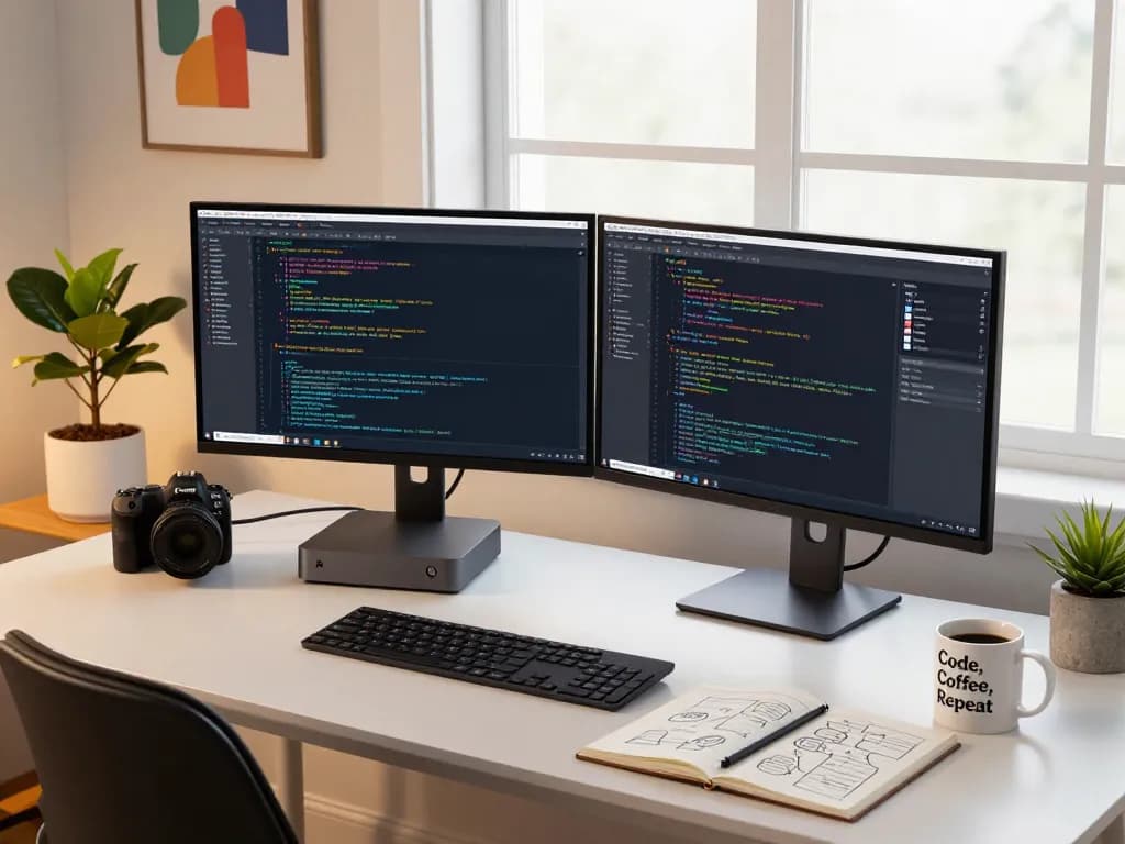 Efficient workspace featuring mac mini with dual monitors, coding setup, and coffee mug.
