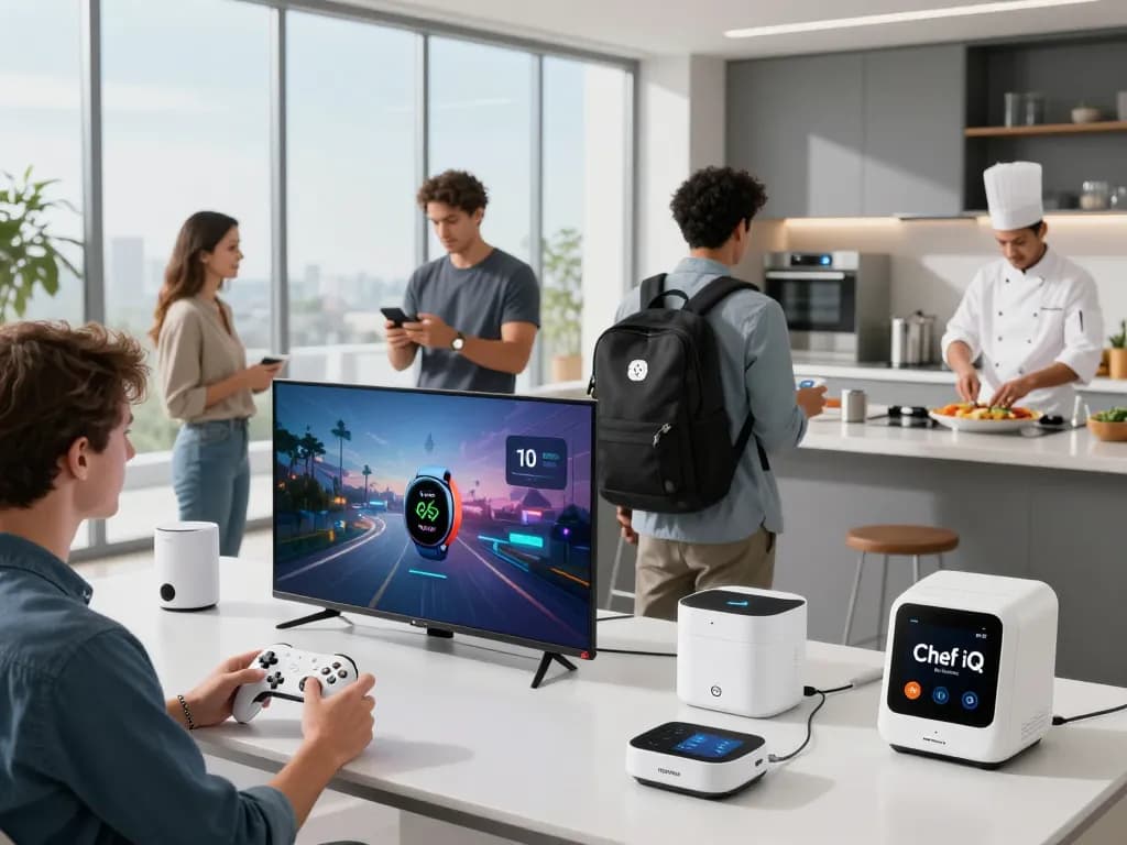 Various smart tech gadgets in use, including gaming controllers, fitness trackers, and kitchen devices.