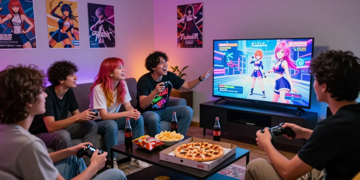 Multiplayer gaming experience with friends enjoying a hentaigame in a cozy living room with snacks and lively atmosphere.