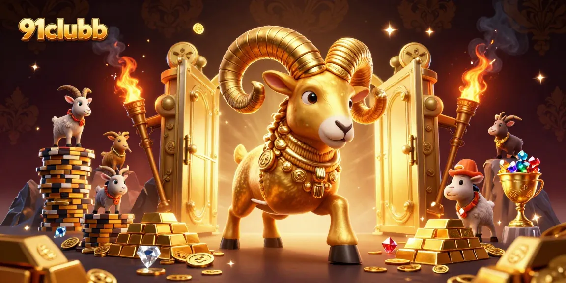 Experience the thrill with 91clubb's golden ram charging toward a treasure vault in a vibrant casino scene.
