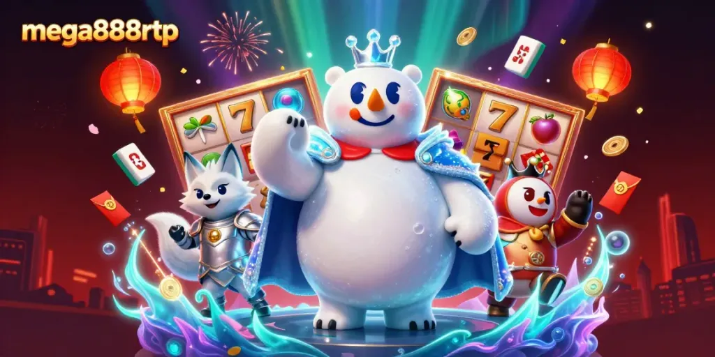 Engage with mega888rtp featuring a dynamic scene of an ice king and fox amid vibrant casino elements.