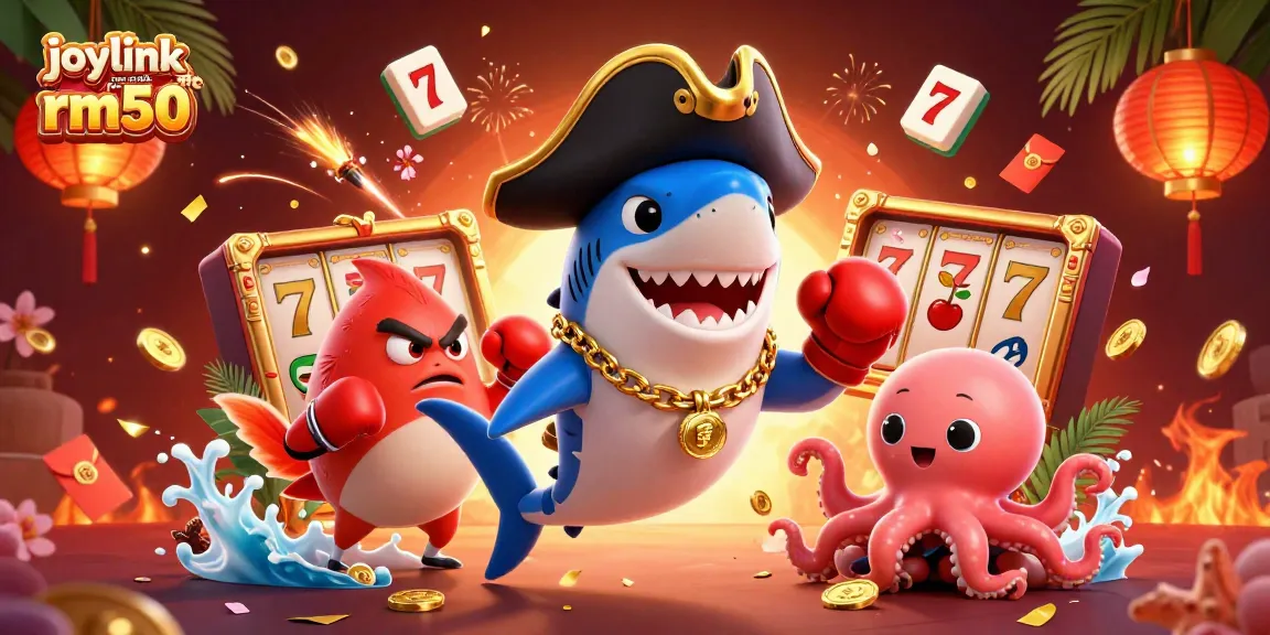 Spin and win with joylink free credit rm50 as a pirate shark, pufferfish, and octopus celebrate in a vibrant casino.