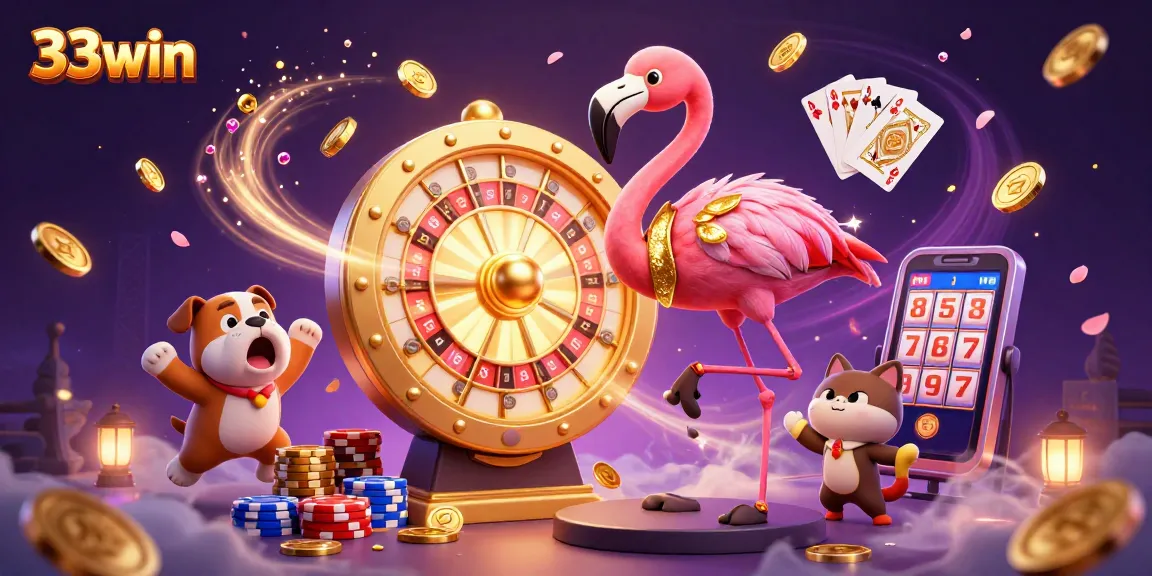 33win showcases a vibrant game show scene with a flamingo host, bulldog contestant, and cat assistant amidst dazzling casino elements.