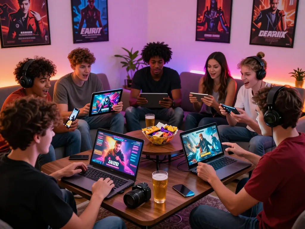Players enjoying engaging gay porn games together on various devices in a lively gaming room.