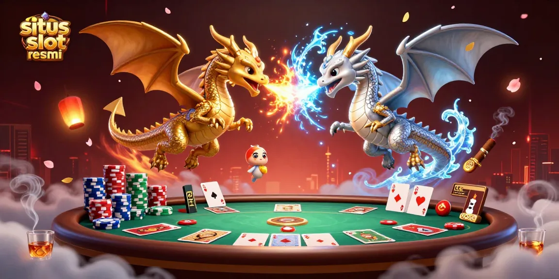 Engage with situs slot resmi showcasing vibrant casino action featuring dual dragons amidst chips and gaming tables.