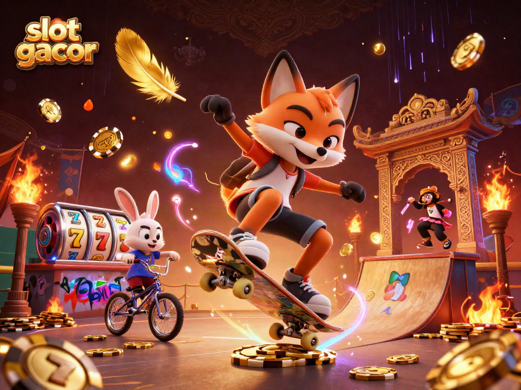 Experience thrilling slot gacor action with a dynamic 3D scene featuring casino symbols and lively characters.