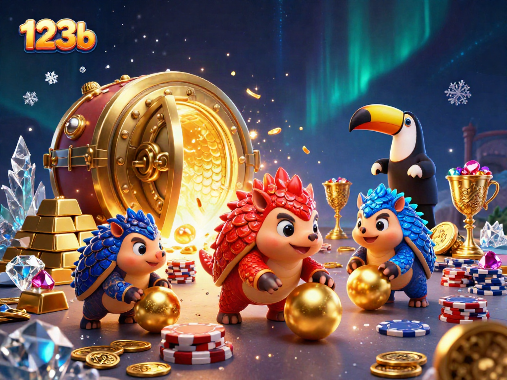Engaging scene with 123b pangolins bowling through poker chips amidst treasures, creating a festive atmosphere.