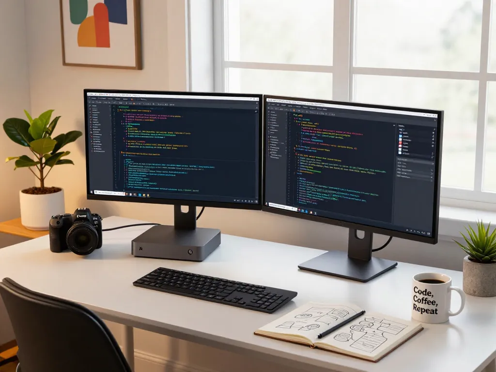 Efficient workspace featuring mac mini with dual monitors, coding setup, and coffee mug.