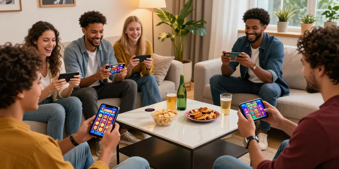 Excited Winbox players enjoying live casino games on mobile devices in a cozy setting.