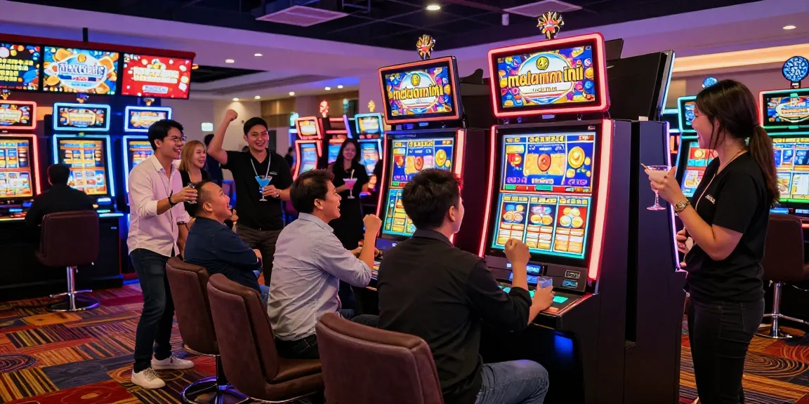 Players enjoying slot gacor malam ini in a vibrant casino atmosphere with colorful machines and cheerful ambiance