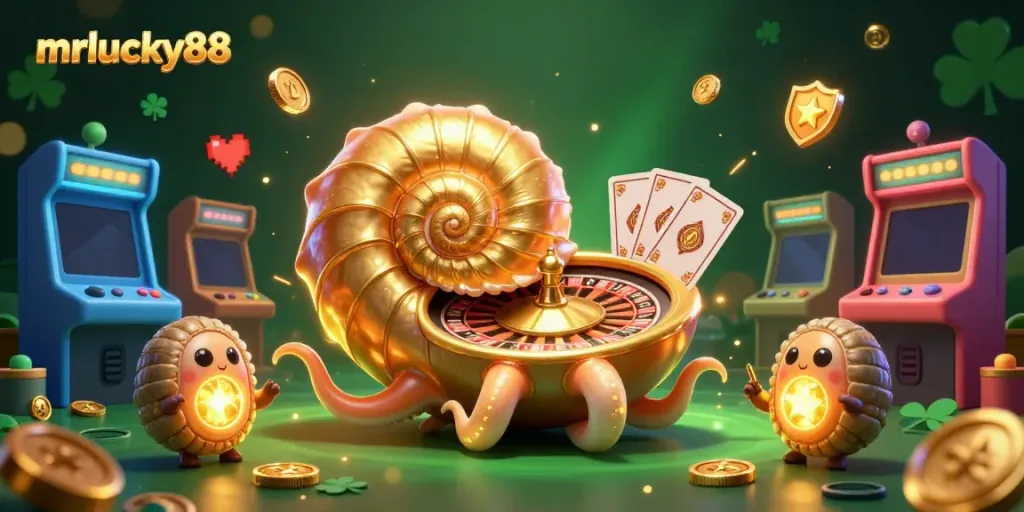 Win big with mrlucky88's dynamic casino scene featuring giant nautilus, glowing arcade elements, and vibrant cards.