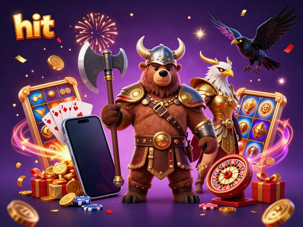 Hit the jackpot with a Viking berserker bear and a Valkyrie eagle in a vibrant casino scene.