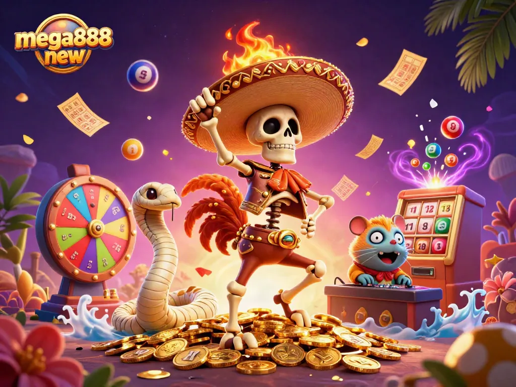 Experience mega888 new excitement with a vibrant 3D illustration of characters celebrating lucky wins in a casino.