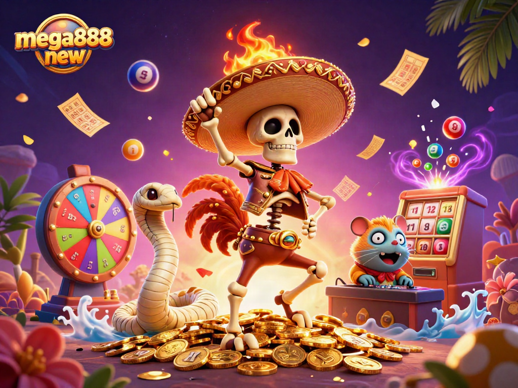 Experience mega888 new excitement with a vibrant 3D illustration of characters celebrating lucky wins in a casino.