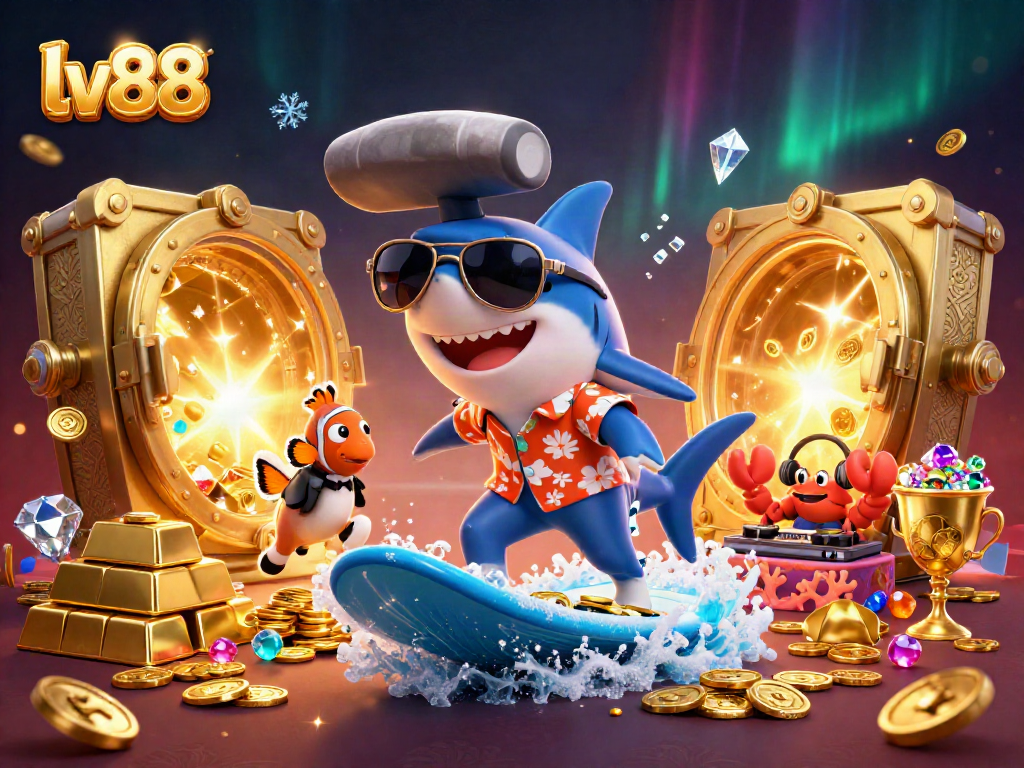 Experience lv88 casino thrills with a vibrant 3D scene of a shark surfing gold coins and a crab DJ.