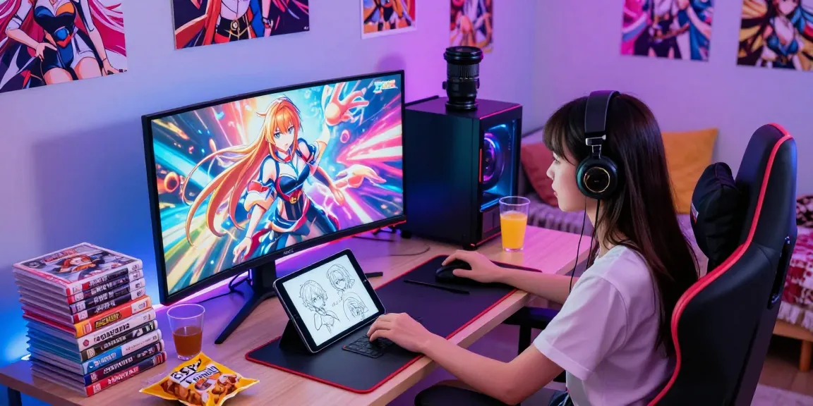 Intense gamer playing an ecchi game on a vibrant gaming setup.