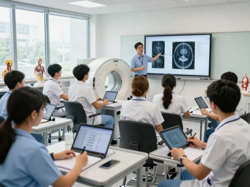 Students learning about CT scan, X-ray, and MRI technology in a modern classroom environment