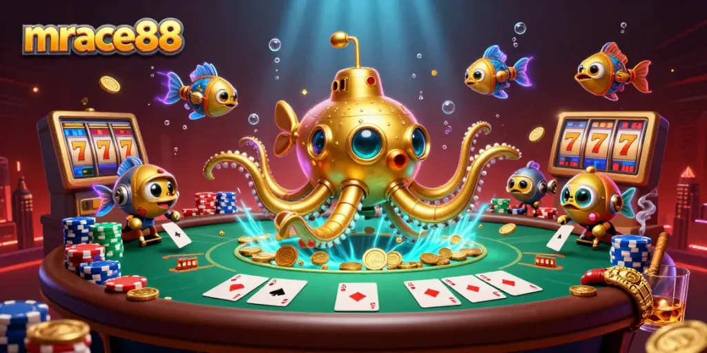 Play with mrace88 and win big at an exciting casino with vibrant graphics and slot machines.