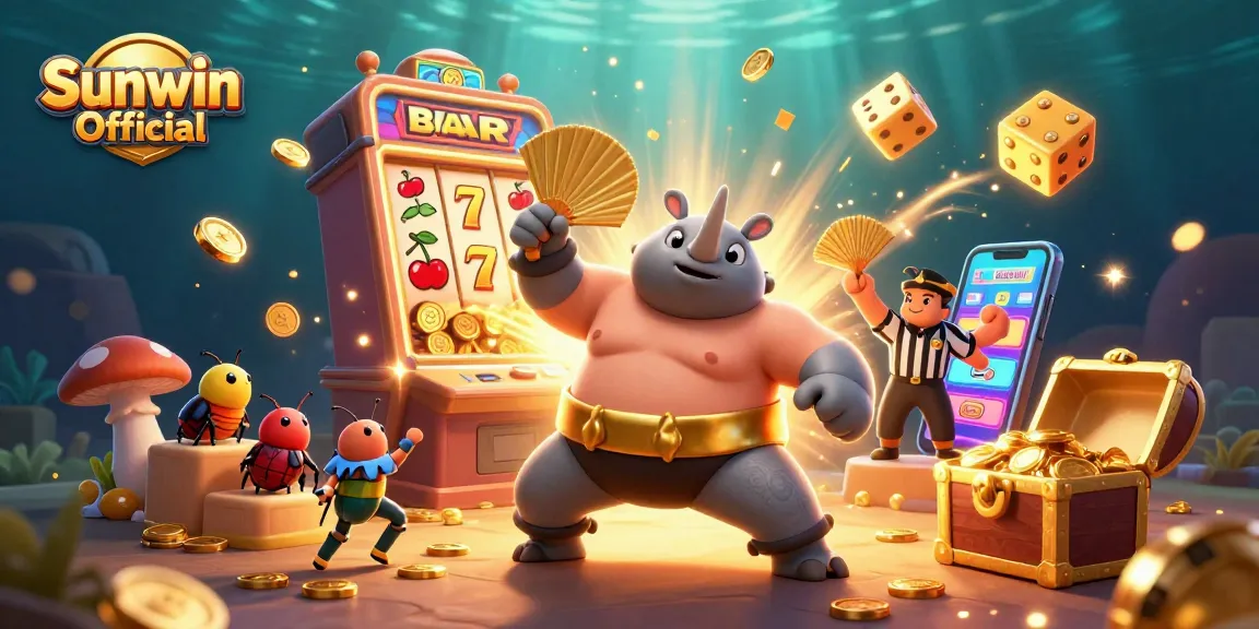 Experience the excitement of Sunwin Official with a vibrant 3D casino scene featuring a beetle champion and dynamic slot elements.