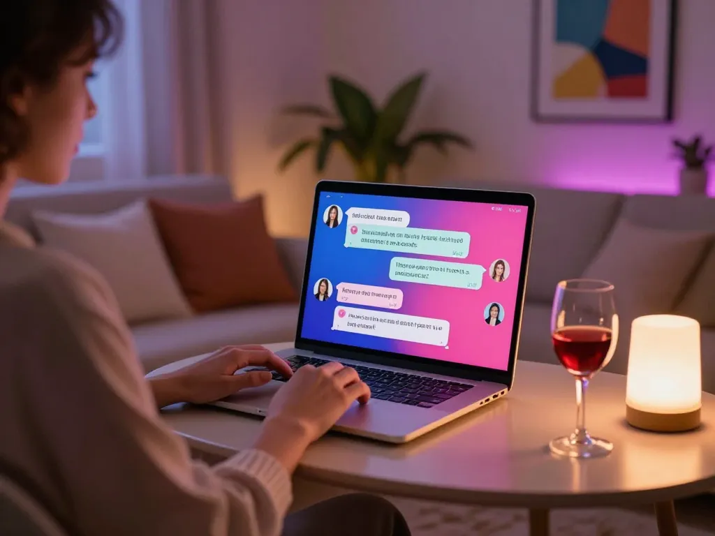 Engaging ai sex chat scene with a user interacting with an AI companion on a laptop, cozy room atmosphere.
