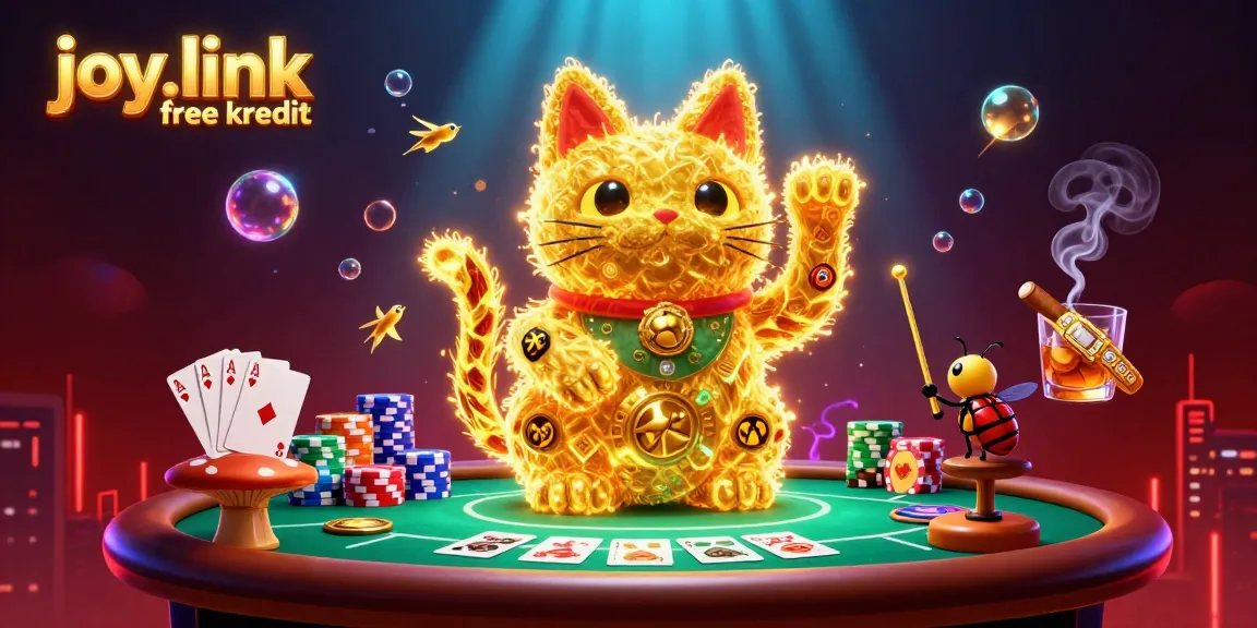 Experience joy.link free kredit with a vibrant scene of a golden lucky cat led by a tiny conductor in a dynamic casino atmosphere.