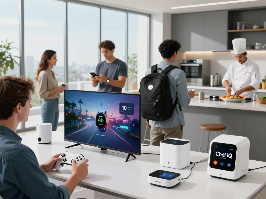 Various smart tech gadgets in use, including gaming controllers, fitness trackers, and kitchen devices.