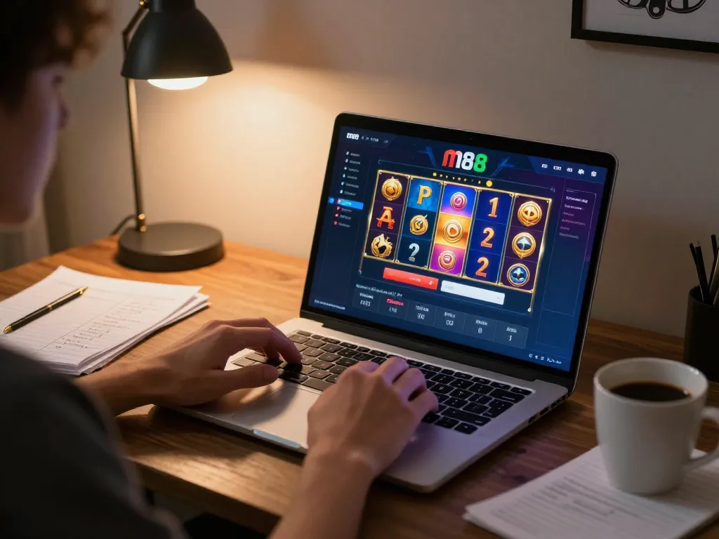 Engaging in m88 slot login on a laptop for online slot gaming session, with strategy notes and coffee cup nearby.