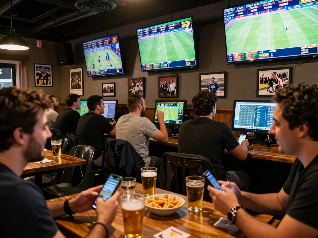 Patrons observing tỷ lệ kèo nhà cái hôm nay on screens while engaging in live sports betting at a vibrant sports bar.