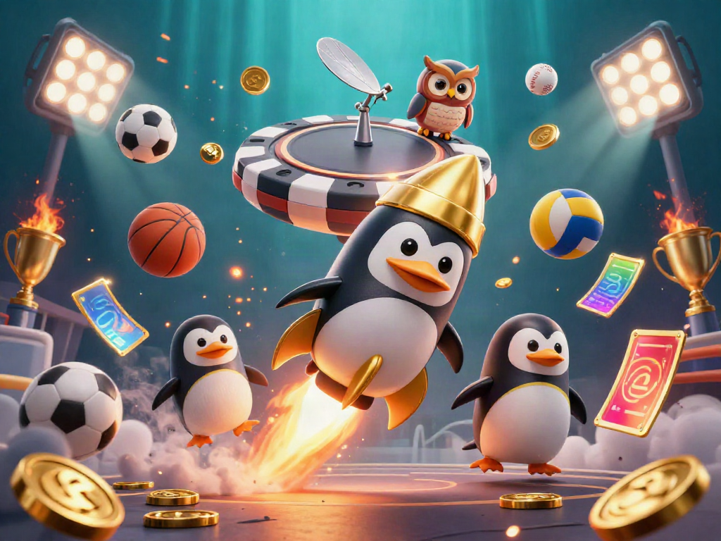 Suwin brings an exhilarating casino experience featuring a rocket-powered golden penguin amidst vibrant gaming elements.