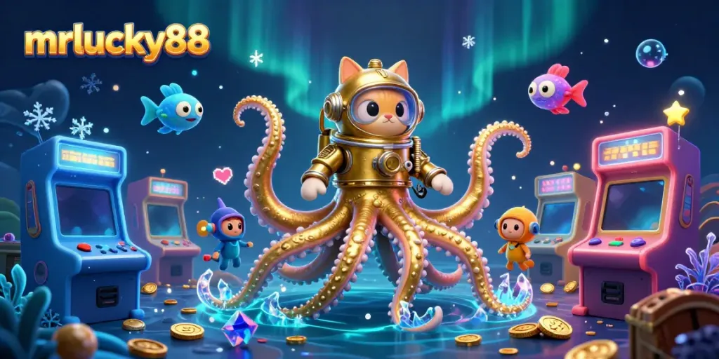 Experience gaming excitement at mrlucky88 with a mythical kraken and a diving cat amidst vibrant casino elements.