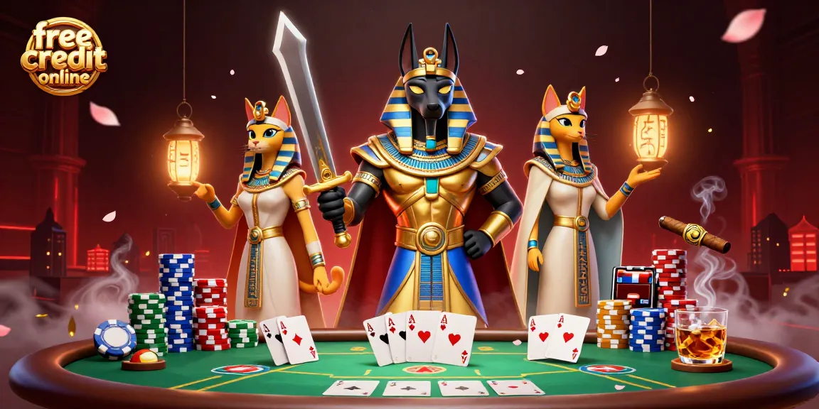 Experience free credit online in vibrant 3D, featuring Anubis and gaming elements.