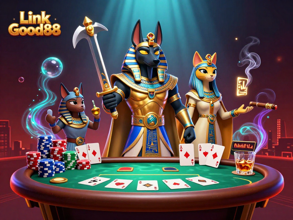 Engage with thrilling gameplay at Link Good88 featuring a visual of Anubis and Bastet amid poker elements.