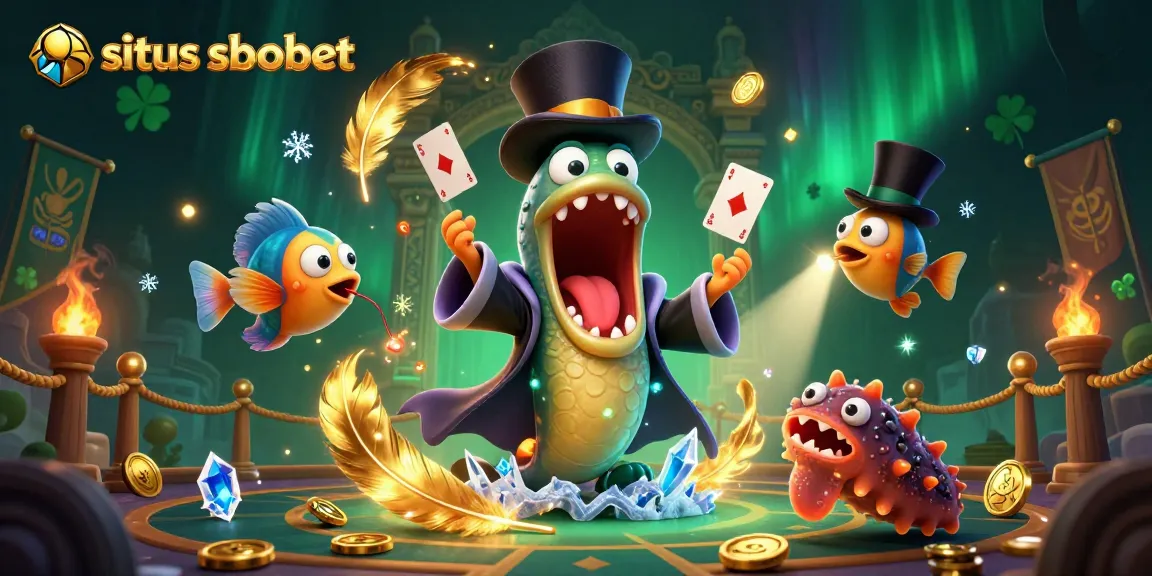 Situs sbobet featuring a bioluminescent eel performing card tricks surrounded by gold coins and vibrant game elements.