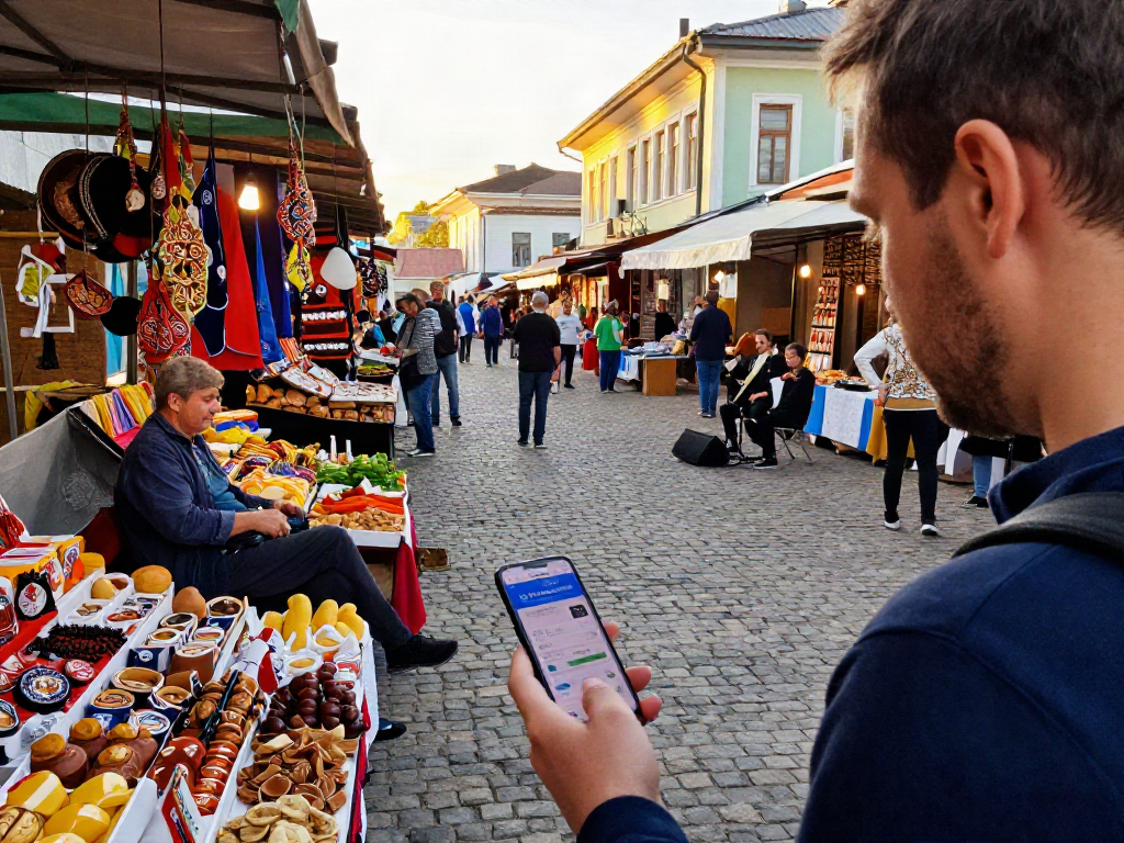 Pelancong menggunakan https://payinrussia.com/ di pasar tempatan di Rusia, dikelilingi oleh vendor dan suasana meriah.