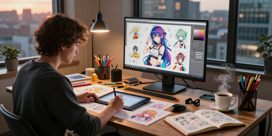 Creating ai ecchi illustrations in a vibrant digital art studio.