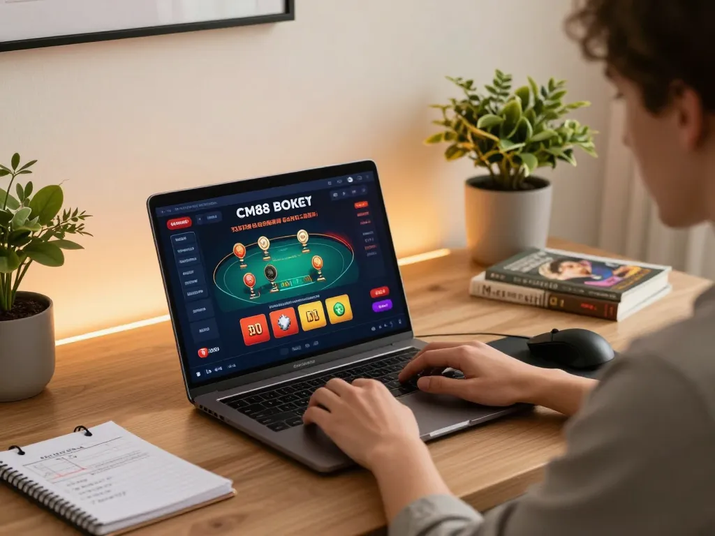 Play poker on CM88 platform from a comfortable home setup, showcasing strategic gameplay.