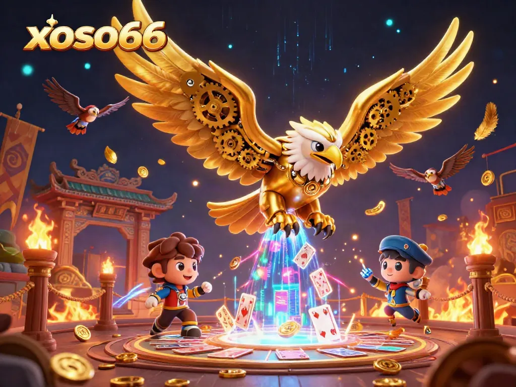 Experience thrilling action with xoso66's cybernetic eagle amidst holographic cards and gold coins.