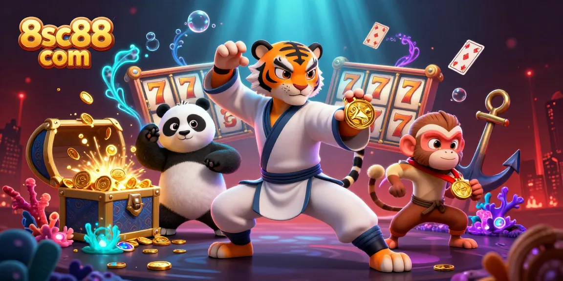 Experience thrilling slots at 8sc88 com as you watch a kung fu tiger, panda, and monkey in a vibrant casino scene.