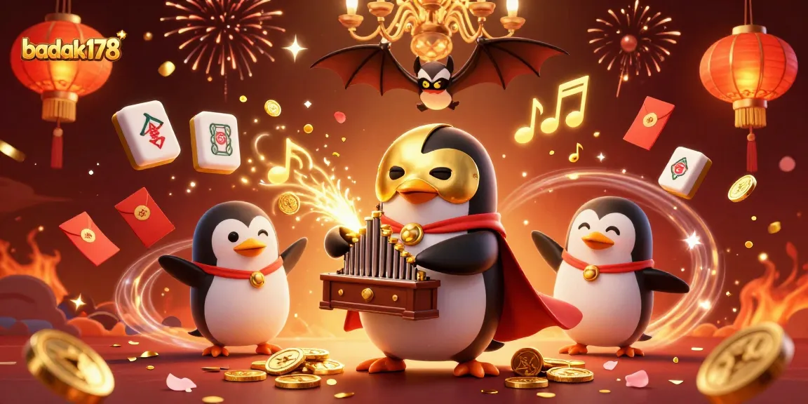 Explore the lively scene of badak178 where a phantom penguin delights players with golden coins and magical musical notes.