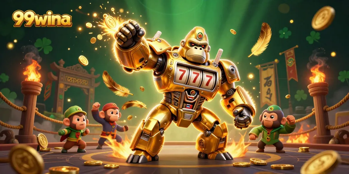 Spin and win at 99wina's exciting online casino with a 3D golden gorilla mech.