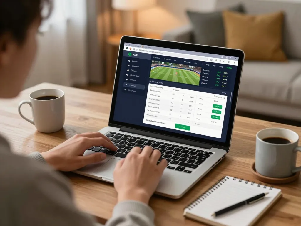Player engaging with sports betting on f8betlv, showcasing a live betting interface and cozy home atmosphere.