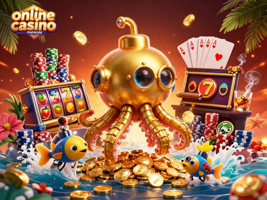 Engage in thrilling gameplay at online casino malaysia with a vibrant kraken gathering golden coins.