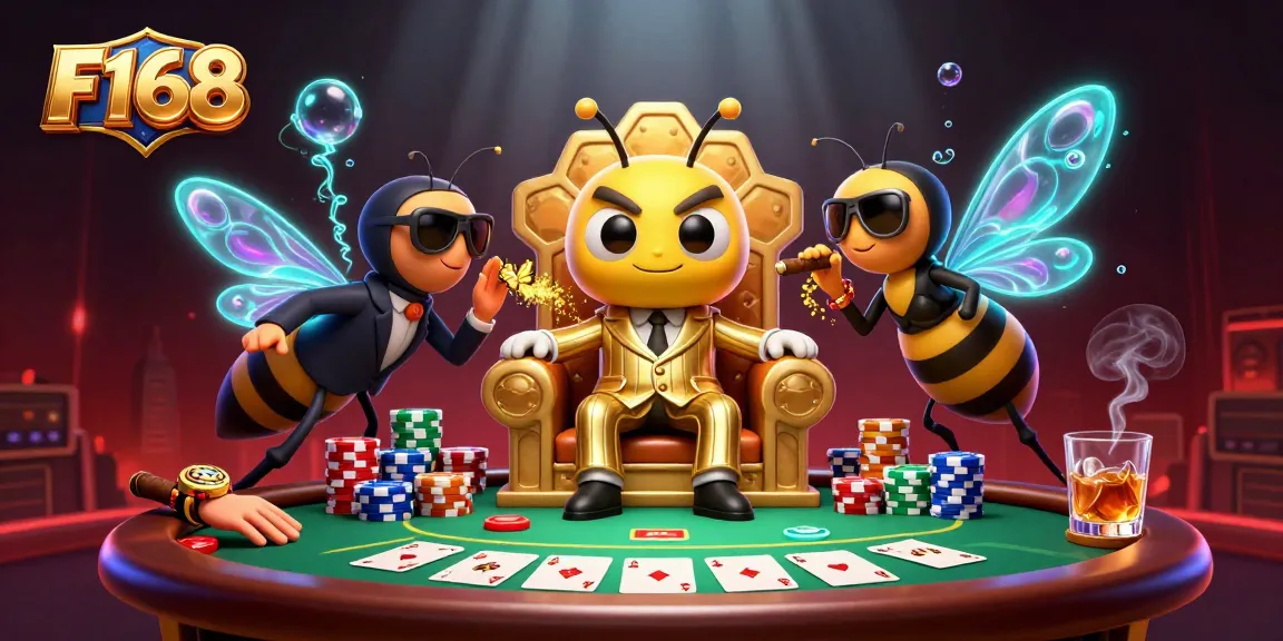 Experience vibrant gaming action with F168 in a dazzling 3D scene featuring poker elements and unique characters.