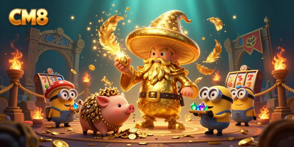 Engage with CM8's vibrant casino magic in this dynamic 3D scene of golden treasures.